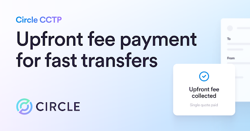 A promotional graphic for Circle CCTP announces 'Upfront fee payment for fast transfers,' featuring the Circle logo and an illustration of a quote pad showing an 'Upfront fee collected' confirmation.