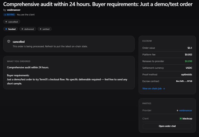 The image shows a TermiX order dashboard displaying a "Comprehensive audit within 24 hours" test order (valued at $0.1 USDC) marked as "cancelled" between provider voidmancer and client blackzcap, with an on-chain escrow contract (0xc3d9...9f10) using optimistic proof. The cancelled status visually confirms the post's narrative that the provider missed the 24h deadline and the client's USDC remained safely locked in escrow rather than being released to the provider.