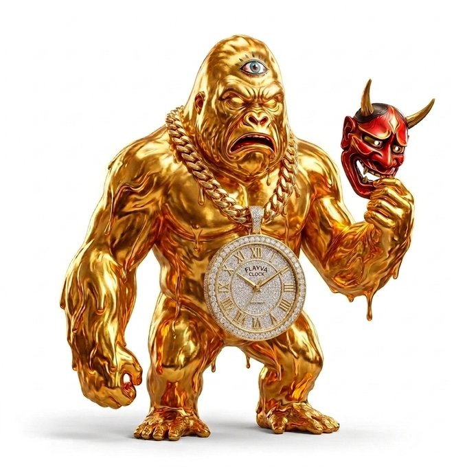 A muscular golden gorilla figurine with a third eye on its forehead holds a red oni devil mask in one hand, while wearing a diamond-encrusted "FLAV14 CLOCK" pendant around its neck, representing the upgraded "beast" creation from the brainrot project lab collaboration mentioned in the post.