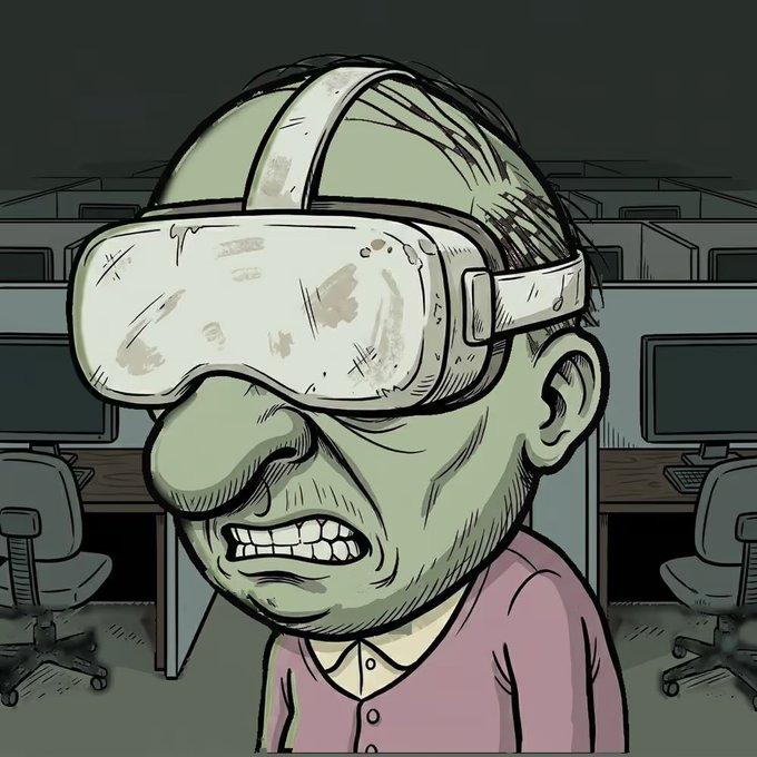 Cartoon illustration of a disheveled man wearing a dirty VR headset in an empty office environment.