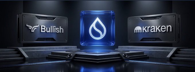 A promotional graphic featuring the Sui (SUI) cryptocurrency logo displayed in a glowing blue cube between two dark metallic panels labeled 'Bullish' and 'Kraken' on either side.