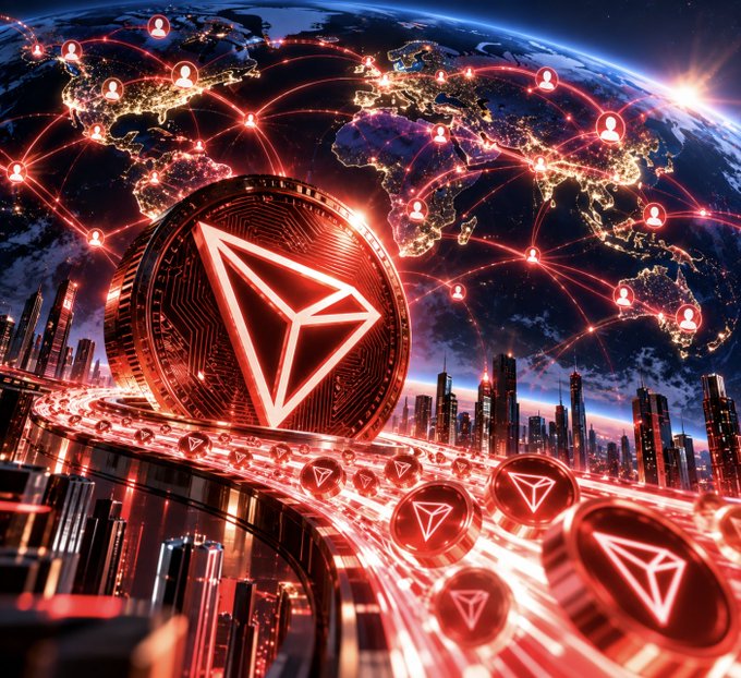 A glowing TRON (TRX) token emblem dominates the foreground, set against a futuristic cityscape and a digital Earth illuminated by a web of interconnected user nodes—visually reinforcing the network's massive global reach and the milestones of $30 trillion settled onchain, 405M+ accounts, and 15B transactions in just 8 years.