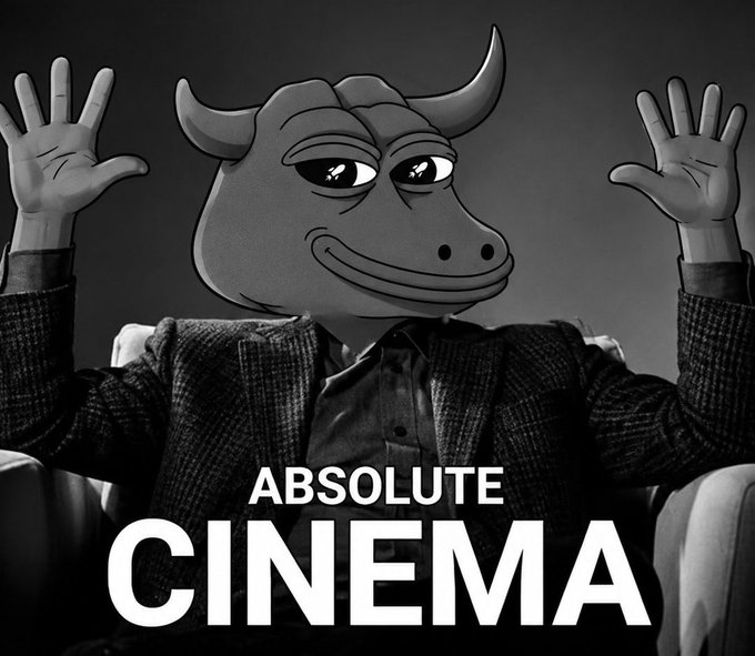 A black-and-white image of a person in a checkered blazer with a cartoon bull head (from the BoJack Horseman character) superimposed on them, hands raised, with the text 'ABSOLUTE CINEMA' at the bottom.