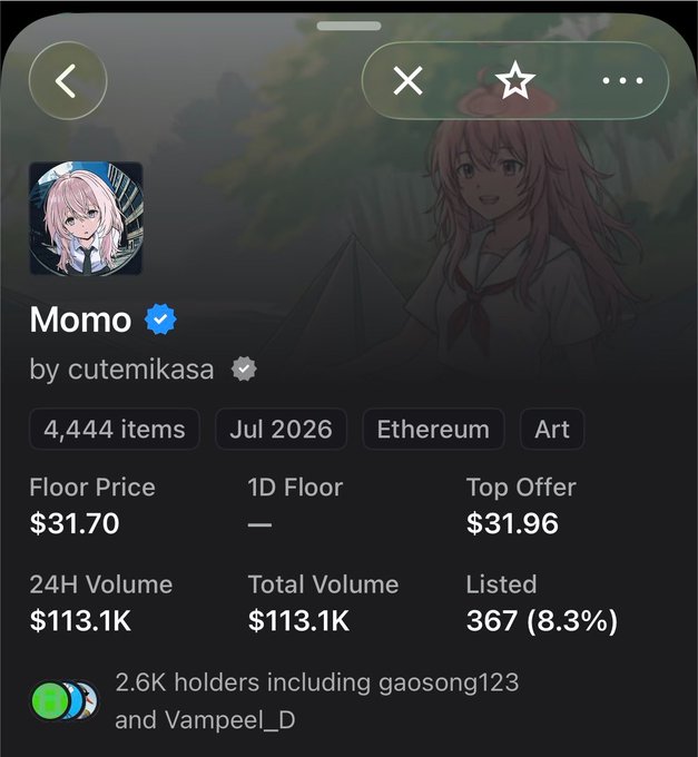 A screenshot of an NFT collection page for "Momo" by cutemikasa on Ethereum, showing a floor price of $31.70, a top offer of $31.96, and 2.6K holders.