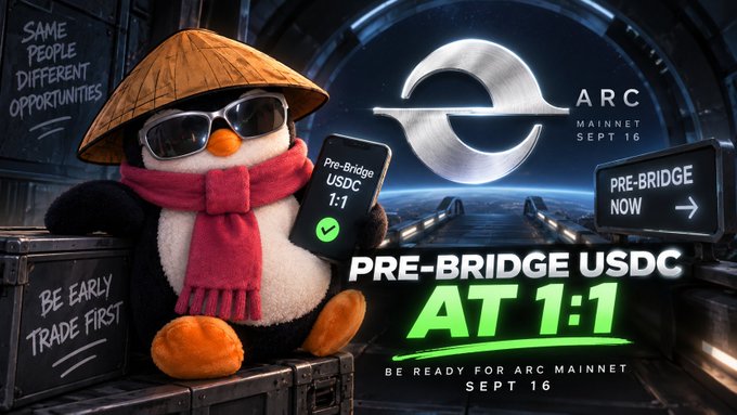 A plush penguin mascot wearing a conical hat and sunglasses holds a smartphone displaying "Pre-Bridge USDC 1:1" beside the "ARC Mainnet Sept 16" logo, promoting the early 1:1 USDC bridging offer before the ARC mainnet launch.