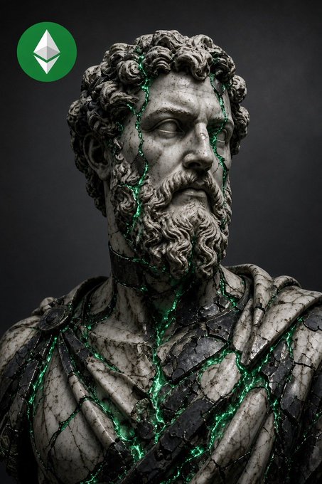 A stone statue of a bearded classical figure, cracked and weathered with glowing green energy pulsing through its fractures, accompanied by an Ethereum logo in the corner. The image evokes the post's theme of Ethereum as "The Unyielding Anchor"—an unbreakable, immovable historical monument standing firm amid fracturing uncertainty.