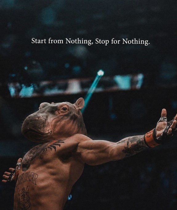 A surreal image shows a muscular figure with a hippopotamus head, tattooed torso, and outstretched arm, with the text 'Start from Nothing, Stop for Nothing.' displayed above.