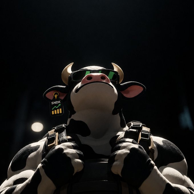A 3D-rendered anthropomorphic black and white cow wearing sunglasses and tactical gear, with a 'SNDK' device attached to its ear, photographed against a dark background with dramatic lighting.