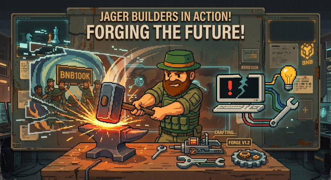 A cartoon blacksmith wearing a green "Jager" hat hammers a glowing ingot on an anvil, surrounded by workshop tools, a computer displaying "#BNB100K," and the bold headline "JAGER BUILDERS IN ACTION! FORGING THE FUTURE!"—visually reinforcing the post's call for community members to forge $JAGER toward a $BNB100K milestone.