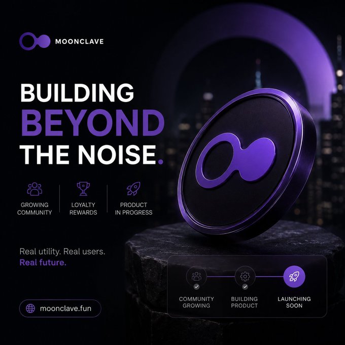 A promotional graphic for 'MOONCLAVE' with the tagline 'BUILDING BEYOND THE NOISE' and 'Real utility. Real users. Real future.', featuring a purple infinity-style coin and listing features like 'Growing Community' and 'Loyalty Rewards' at moonclave.fun.
