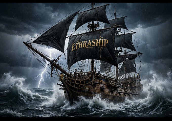 A dramatic digital artwork of a black pirate ship with sails bearing the word 'ETHRASHIP' sailing through stormy seas with lightning in the background.