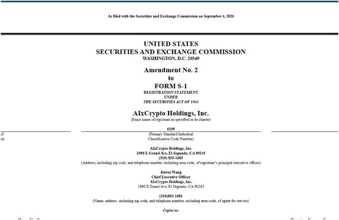 The image shows the cover page of **AlxCrypto Holdings, Inc.'s Amendment No. 2 to Form S-1 registration statement**, filed with the SEC on September 4, 2026, listing Jiwei Wong as Chief Executive Officer at 1990 E Grand Ave, El Segundo, CA 90245. This filing relates to the social media post claiming that $AIXC, a former pharma shell company turned digital asset treasury (DAT), is abandoning its crypto holdings—which included 33.49 BTC, 497.56 ETH, 6,325.92 SOL, and minor amounts of LINK, BNB, ADA, and USDT as of August 31.
