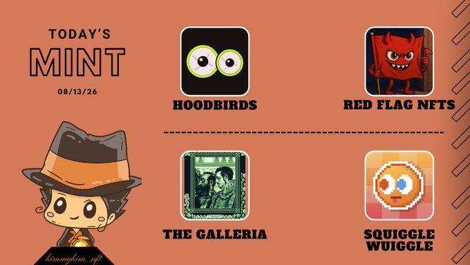 A promotional graphic titled "TODAY'S MINT" dated 08/13/26 highlights four featured NFT collections—Hoodbirds, Red Flag NFTs, The Galleria, and Squiggle Wuiggle—set against an orange background with a cartoon detective character and a "lunaplon_nft" watermark. The image serves as a visual header for an update post summarizing performance outcomes (profits, breakeven, and rug pulls) across multiple NFT projects.