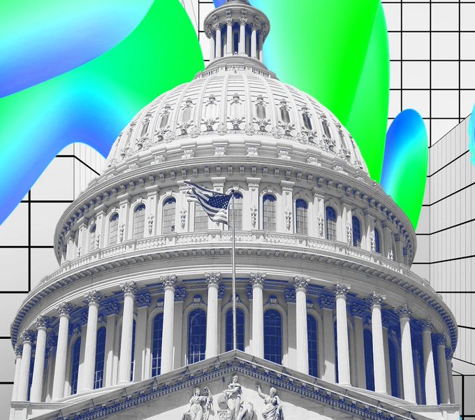 The image features the U.S. Capitol dome, symbolizing the legislative process behind the Clarity Act—a crypto market structure bill—with abstract green and blue wave-like graphics overlaid, representing the digital finance and stablecoin sectors central to the legislation. The accompanying post references TD Cowen's analysis of the bill's 25% chance of passing this year, highlighting the political uncertainty surrounding the stablecoin yield provision and bipartisan support needed for enactment.