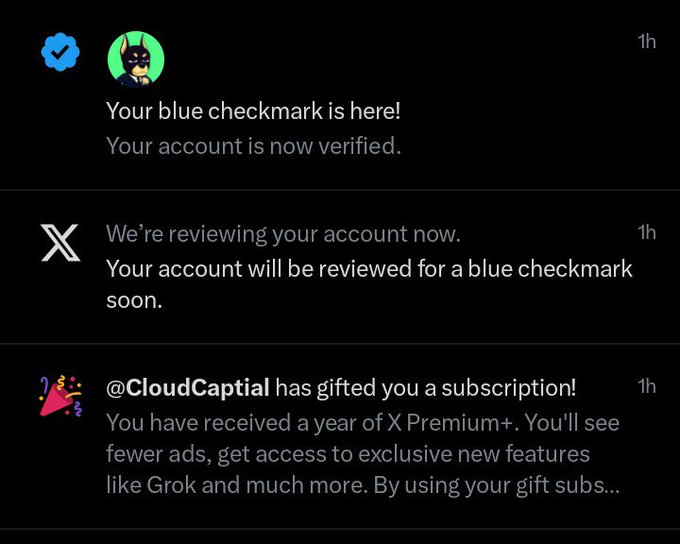 The image shows X (Twitter) notifications confirming that the user "@CloudCapital" has received a verified blue checkmark, their account is being reviewed for verification, and they've been gifted a year of X Premium+ subscription. This aligns with the celebratory post announcing the user's recent social media achievements and milestones.