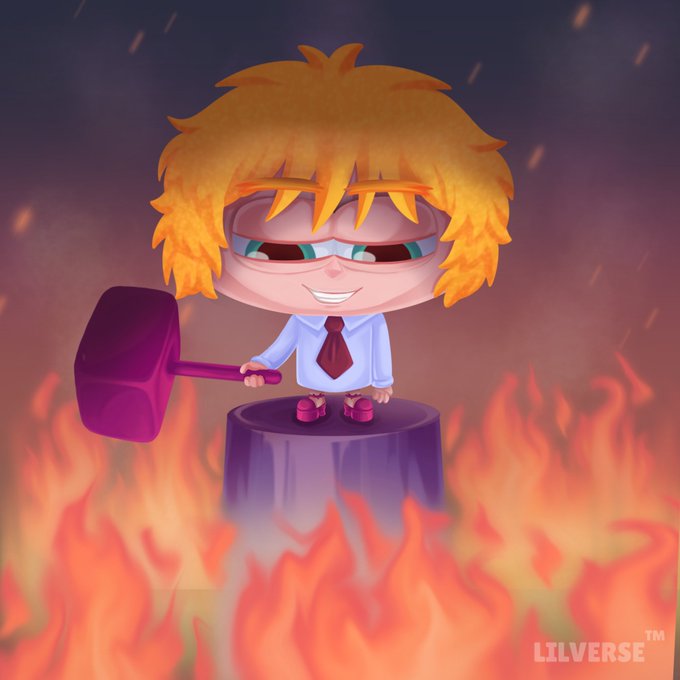 A chibi-style cartoon character with spiky orange hair, glasses, a white shirt, and red tie stands atop a pedestal wielding a large purple hammer, surrounded by dramatic flames with the "LILVERSE™" watermark in the corner. The fiery, powerful imagery visually conveys the bullish momentum and strength of the $PONS token, complementing the post highlighting its $650M market cap and $2M liquidity.