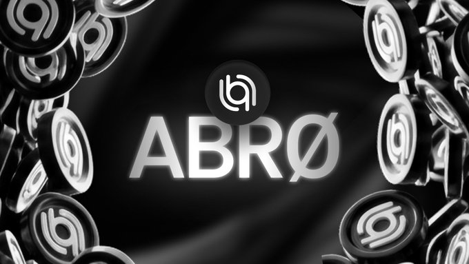 The image displays a sleek black and white promotional graphic featuring the text "ABRØ" prominently in the center, surrounded by scattered coin-like tokens bearing a stylized logo, suggesting a cryptocurrency or token project. The dark, monochromatic aesthetic with metallic sheen reinforces the post's message about strategic liquidity placement across chains for time-sensitive opportunities like TGEs (Token Generation Events).