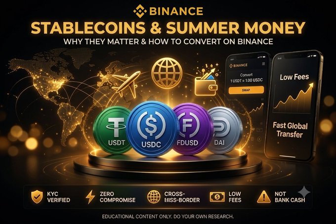 The image is a Binance promotional graphic titled "Stablecoins & Summer Money: Why They Matter & How to Convert on Binance," featuring visual representations of major stablecoins (USDT, USDC, FDUSD, DAI) alongside a smartphone interface showing a "Convert 1 USDT > 1.00 USDC" swap function, with icons highlighting benefits like KYC verified, zero compromise, cross-border capability, low fees, and "not bank cash."

The graphic complements the post by visually illustrating the four featured stablecoins (USDT, USDC, FDUSD, DAI) and demonstrating their practical conversion use case on Binance, reinforcing the article's theme of using stablecoins for summer travel, freelance work, and cross-border transfers.