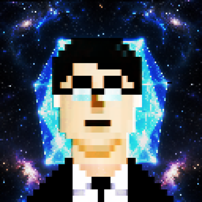 A pixelated 8-bit style portrait of a man with dark hair and sunglasses, surrounded by glowing blue flame-like energy against a starry dark background.