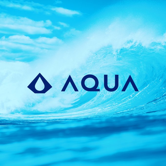 The image features a large blue wave with white foam, set against a light blue sky with clouds. The text "Aqua" is prominently displayed above the wave, along with the phrase "AQUA gives you: A seamless Bitcoin experience Instant swaps to all Bitcoin layers Simple self-custody Global accessibility for everyone Because financial freedom should be simple." This message seems to be related to the concept of cryptocurrency and digital currency.