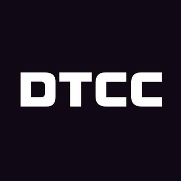 The image displays the white "DTCC" acronym on a black background, representing The Depository Trust & Clearing Corporation's logo. It relates to the post announcing DTCC's successful processing of its first production trades using tokenized U.S. securities in partnership with Chainlink.