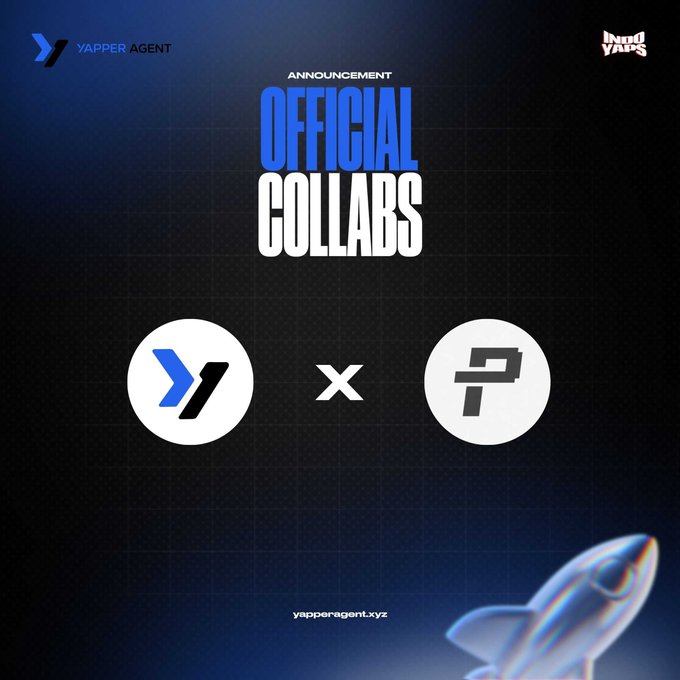 The image features a promotional poster for an event called "Official Collabs" that has been organized by Yapper Agent, a company based in San Francisco, California. The poster includes two logos - one representing "Yapper Agent" with a blue background and white text, and another logo featuring a rocket ship against a black background with white text. The image also contains the text "Official Collabs", which is likely related to the event or collaboration being advertised.