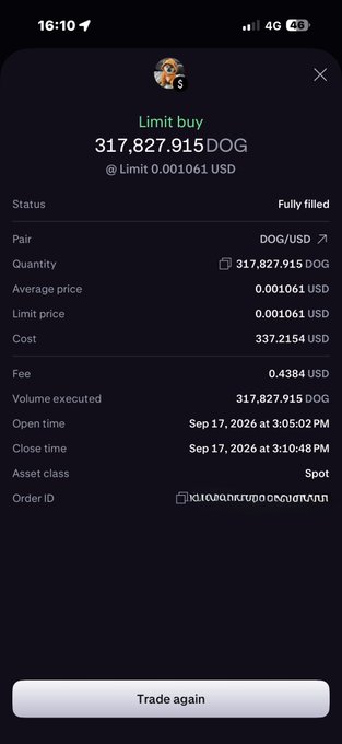 Mobile app screenshot of a completed DOG/USD limit buy order for 317,827.915 DOG at 0.001061 USD (fully filled) on Sep 17, 2026, with a 'Trade again' button.