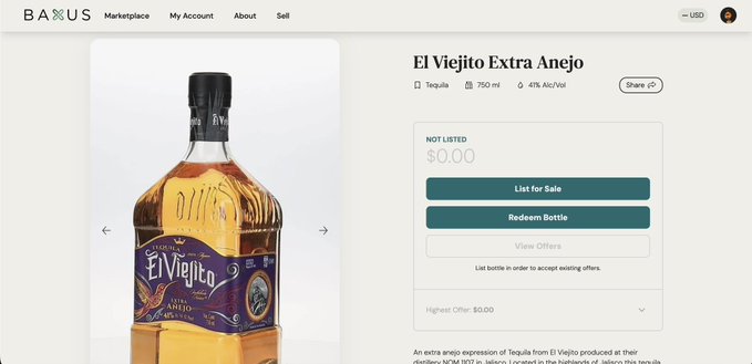 Screenshot of the BAXUS marketplace page for "El Viejito Extra Añejo" tequila (750 ml, 47% Alc/Vol), showing it's currently NOT LISTED at $0.00 with options to List for Sale, Redeem Bottle, or View Offers.