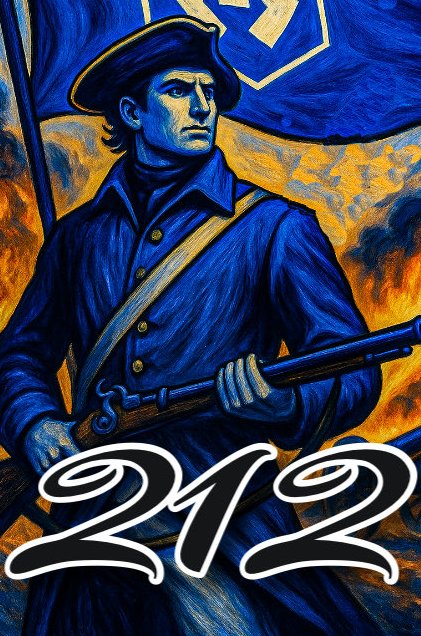 A stylized painting depicts a blue-toned figure resembling a Revolutionary War soldier holding a musket and a flag, with stylized text at the bottom.