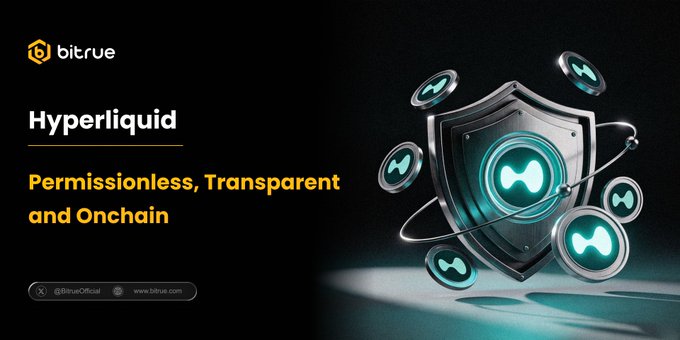 The image is a promotional graphic from Bitrue featuring the "Hyperliquid" project, with text reading "Permissionless, Transparent and Onchain" alongside a shield logo surrounded by HYPE token icons. The graphic visually reinforces the post's message that $HYPE is defending its core principles of being permissionless, transparent, and onchain in response to being placed on MAS's Investor Alert List.