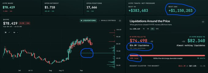 The image shows a crypto trading dashboard for $HYPE, displaying a current price of $78.419, with open interest of $1.718B across 17,666 positions, and highlights a 24-hour net liquidation of -$383,683 alongside a projected next 24-hour liquidation of +$1,150,203. This corroborates the post's warning: the liquidation data (showing $74.698 in longs versus $82.340 in shorts, with 90% of risk on shorts being liquidated) and the circled price action confirm the predicted downside move from the previously noted $89.93 liquidation level, validating that the positive TWAP buy pressure was unsustainable perp-driven demand rather than genuine spot buying.