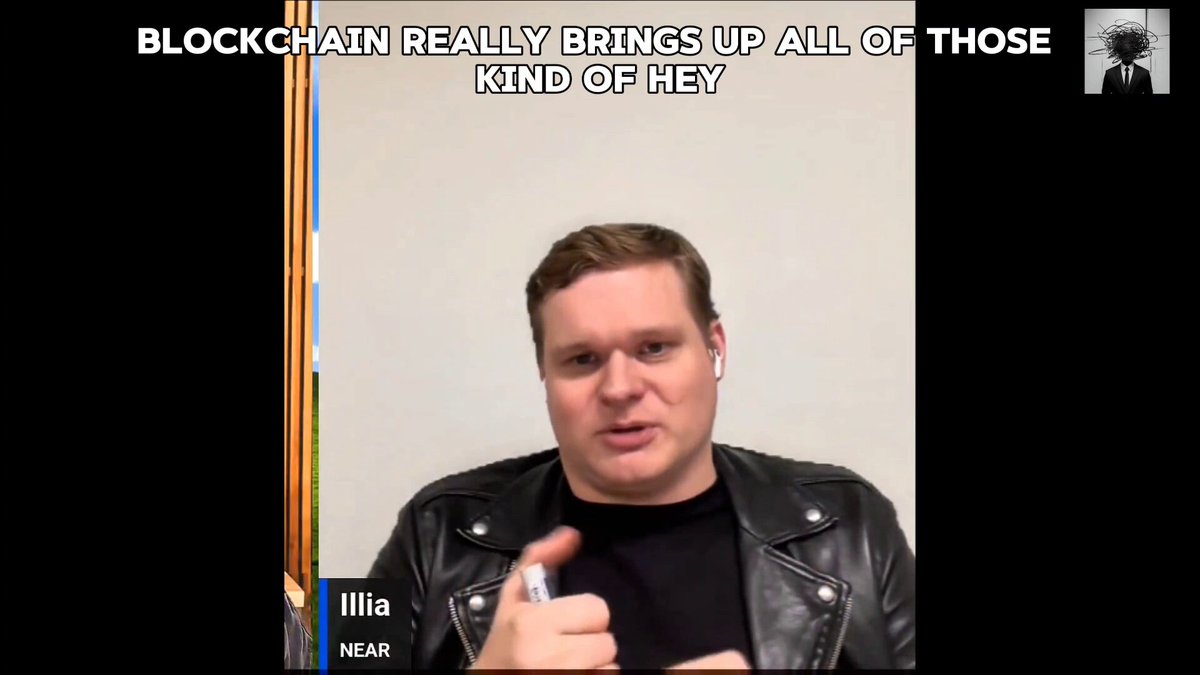 The image shows a man wearing a leather jacket giving a thumbs up gesture while talking about centralized AI. The text above him reads "Blockchain Really brings up all of those kind of Hey", which seems to be a reference to the concept of blockchain technology. The image also includes a watermark that says "illia polosukhin(NEAR PROTOCOL FOUNDER)", indicating that this content is likely related to Illia Polosukhin, who founded Near Protocol.