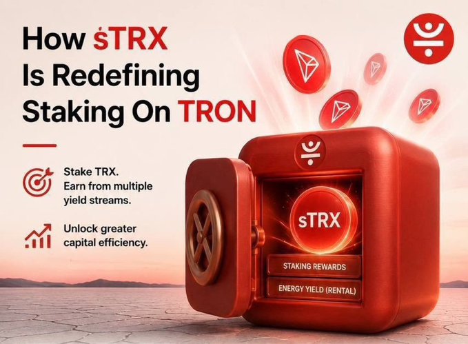 A promotional graphic for stTRX staking on TRON, featuring a red safe with coins and text reading 'How stTRX Is Redefining Staking On TRON,' 'Stake TRX. Earn from multiple yield streams,' and 'Unlock greater capital efficiency.'