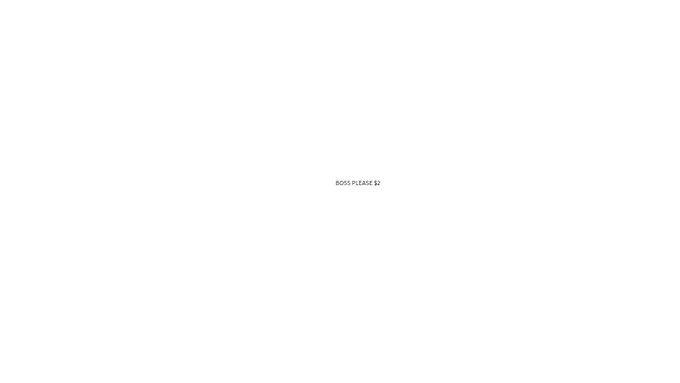 A nearly blank white screen with a small box in the center containing the text 'BOSS PLEASE $2'.