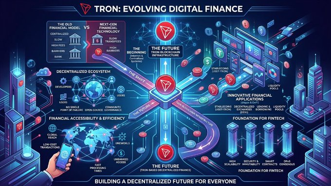 A futuristic infographic titled "TRON: EVOLVING DIGITAL FINANCE" contrasts traditional banking with blockchain infrastructure, highlighting TRON's decentralized ecosystem, innovative financial applications, and its role as a foundation for fintech. Visual elements include pillars representing old vs. next-gen finance, a global network, and icons emphasizing accessibility, security, and efficiency—directly mirroring the post's themes of digital finance transformation and TRON's contributions to blockchain-based innovation.