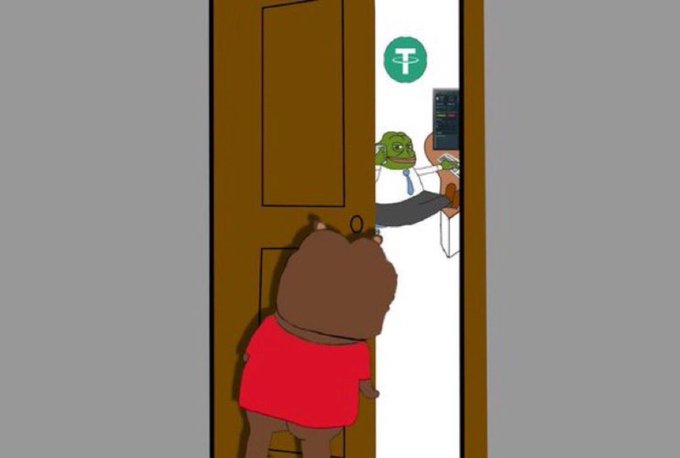 The image shows a cartoon bear peeking through a partially opened door at a green-faced character at a computer, with a Tether (USDT) logo visible on the doorframe. This humorously illustrates a "bear" (representing a market downturn or bear character) noticing a massive 1 billion USDT minting event at the Tether Treasury, as referenced in the accompanying post.