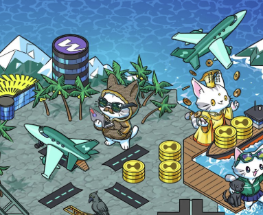 An animated game-style illustration showing cartoon cats in a tropical setting with palm trees, airplanes, gold coins, and cryptocurrency elements including a 'Z' token tower.
