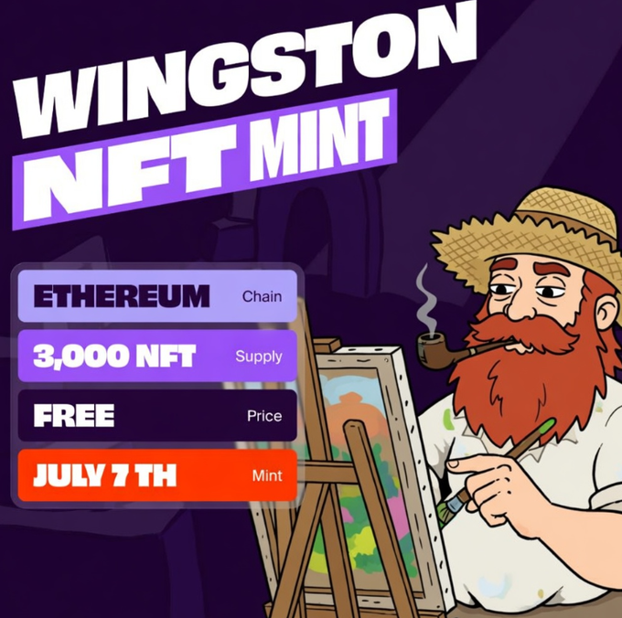 A promotional graphic for a 'WINGSTON NFT MINT' on Ethereum, advertising 3,000 NFTs available for FREE on JULY 7TH, featuring an illustration of a red-bearded painter at an easel.