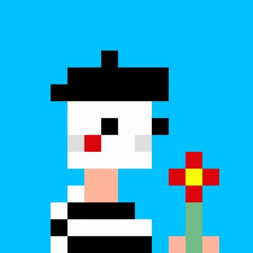 A pixel art illustration of a character with a white square face, red nose, and black hat holding a red and yellow flower against a blue background.