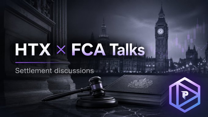 A promotional banner reading 'HTX x FCA Talks - Settlement discussions' featuring Big Ben, a gavel, a law book, and a purple hexagonal logo in the background.