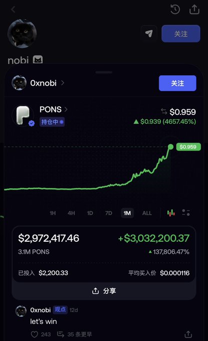 A smartphone screenshot displaying a meme token tracker app with a profile "0xnobi" showing a chart for the token "PONS" up 4657.45% to $0.959, with a portfolio value of $2,972,417.46.