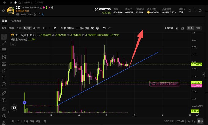 A TradingView candlestick chart for 'CZ' (CZ:The Final Form Bull) on BSC showing a price of $0.060675 with a blue trendline and a large red arrow pointing upward at the current price action.