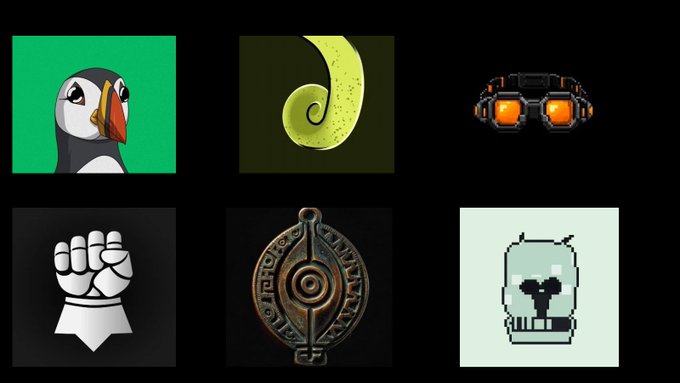 A grid of six NFT-style digital art images including a puffin, a yellow spiral, orange goggles, a white fist, a bronze emblem, and a pixelated face.