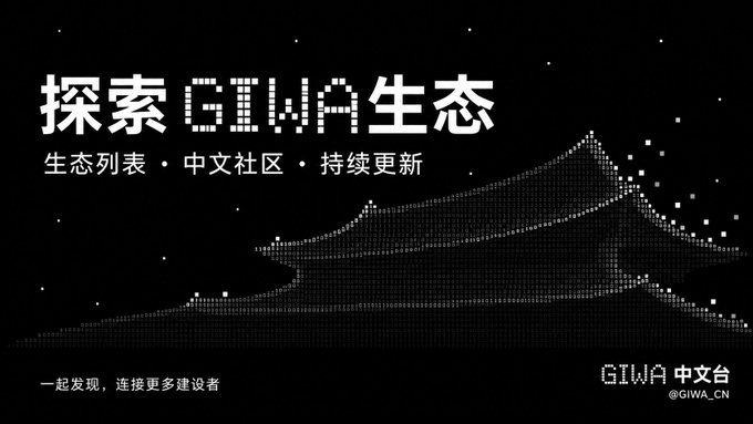 A black promotional banner with a dotted pagoda design for 'GIWA 中文台' (@GIWA_CN), advertising an ecosystem list, Chinese community, and ongoing updates.