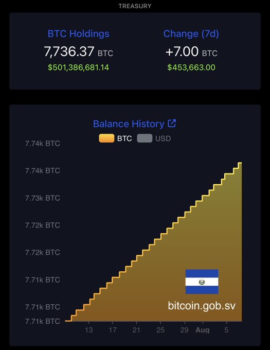 El Salvador's treasury dashboard shows BTC holdings of 7,736.37 BTC (~$501.4 million) with a 7-day change of +7.00 BTC (~$453,663), aligning with the "One BTC per day" accumulation pace visualized in the steadily rising orange BTC balance history chart from late July through early August.