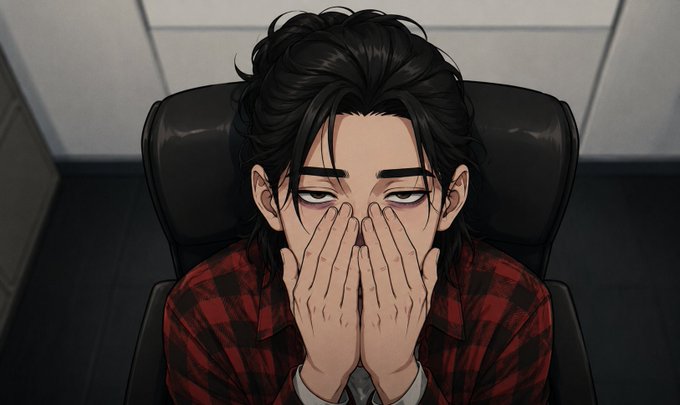 An anime-style illustration of a dark-haired man in a red plaid shirt sitting in a chair with both hands covering his face, appearing frustrated or exasperated—capturing the defeated mood of the caption about avoiding bounties due to a bad experience.