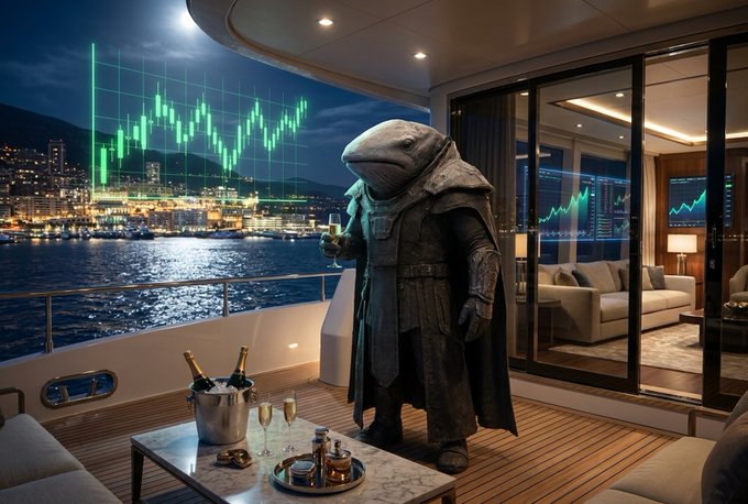 An armored whale in medieval attire stands on the deck of a luxurious yacht at night, holding champagne and gazing at glowing green candlestick charts and upward trending lines over the moonlit harbor. The image symbolizes the seasoned crypto trader—rich in armor and experience—facing volatile market charts, illustrating the post's message about veteran traders losing to newcomers due to their inability to pivot and adapt.