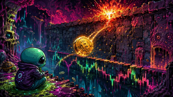 A colorful digital illustration of an astronaut sitting in a surreal dungeon environment with a glowing Bitcoin coin amid vibrant candlestick charts and dripping neon slime.
