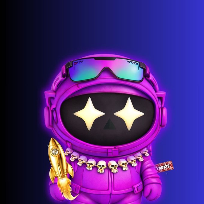A 3D rendered character in a purple astronaut suit with star-shaped glowing eyes, wearing a skull necklace and holding a gold rocket, with a 'Youkie' logo.