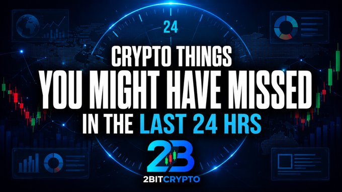 A graphic thumbnail for a cryptocurrency news video displays 'CRYPTO THINGS YOU MIGHT HAVE MISSED IN THE LAST 24 HRS' with the '2BITCRYPTO' logo against a backdrop of trading charts and a digital clock showing '24'.
